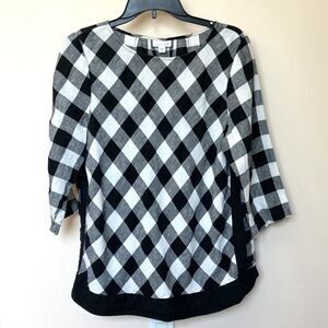 J. Jill Love Shirt Medium black and white check 3/4 Sleeve Linen Pullover